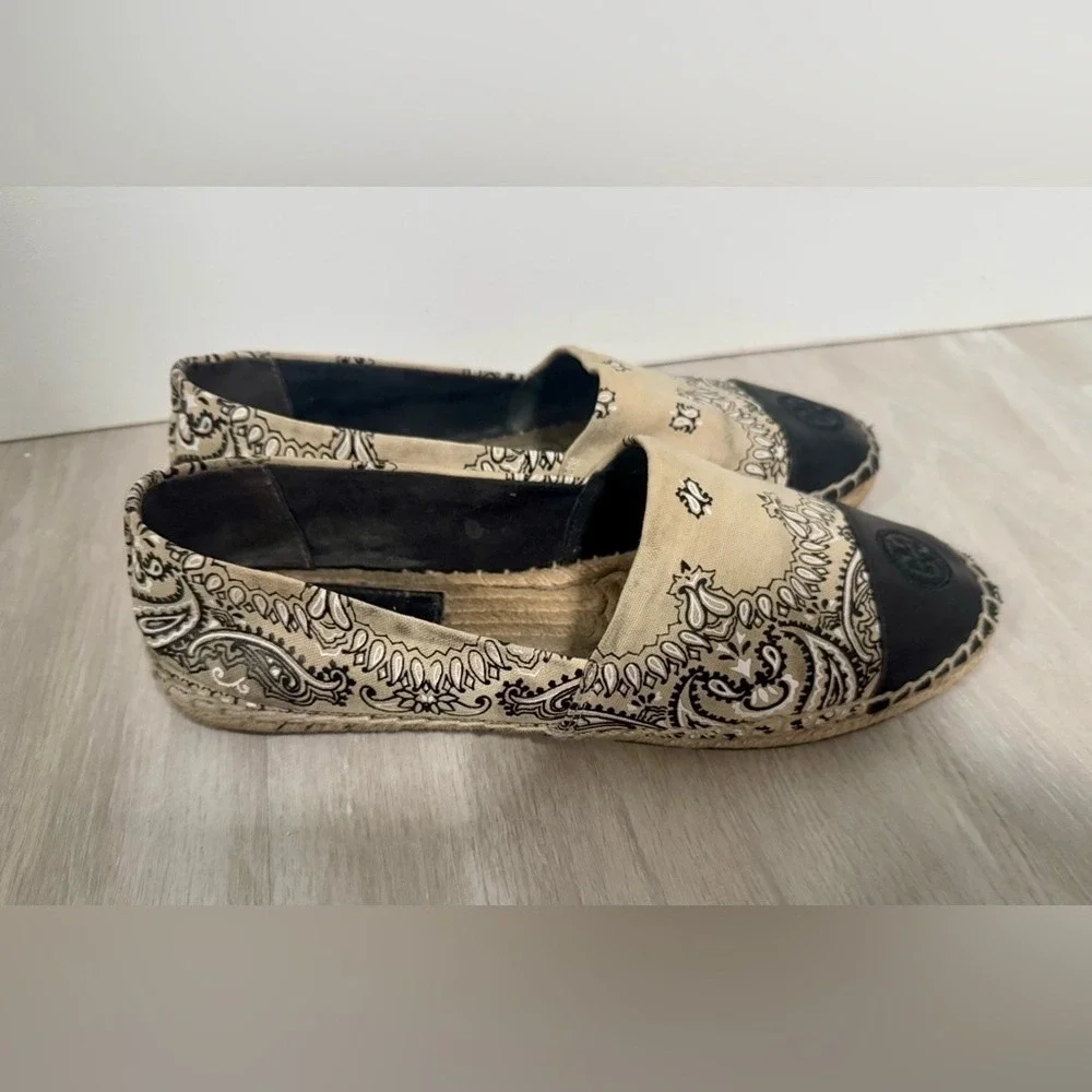 Tory Burch Womens Bandana Print Leather Espadrille Flats Tan Black Size 7.5